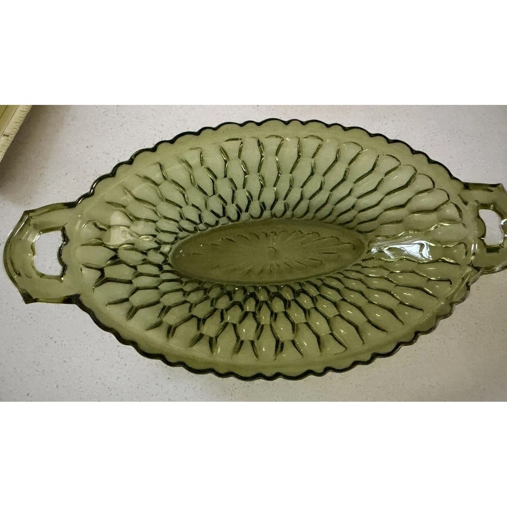 Vintage Indiana Green Glass Honeycomb Pattern Relish Candy Mint Dish  2 Handles